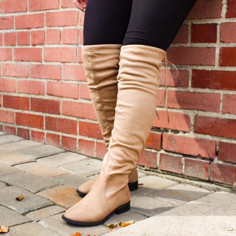 Casual tie thigh high over the knee taupe boots